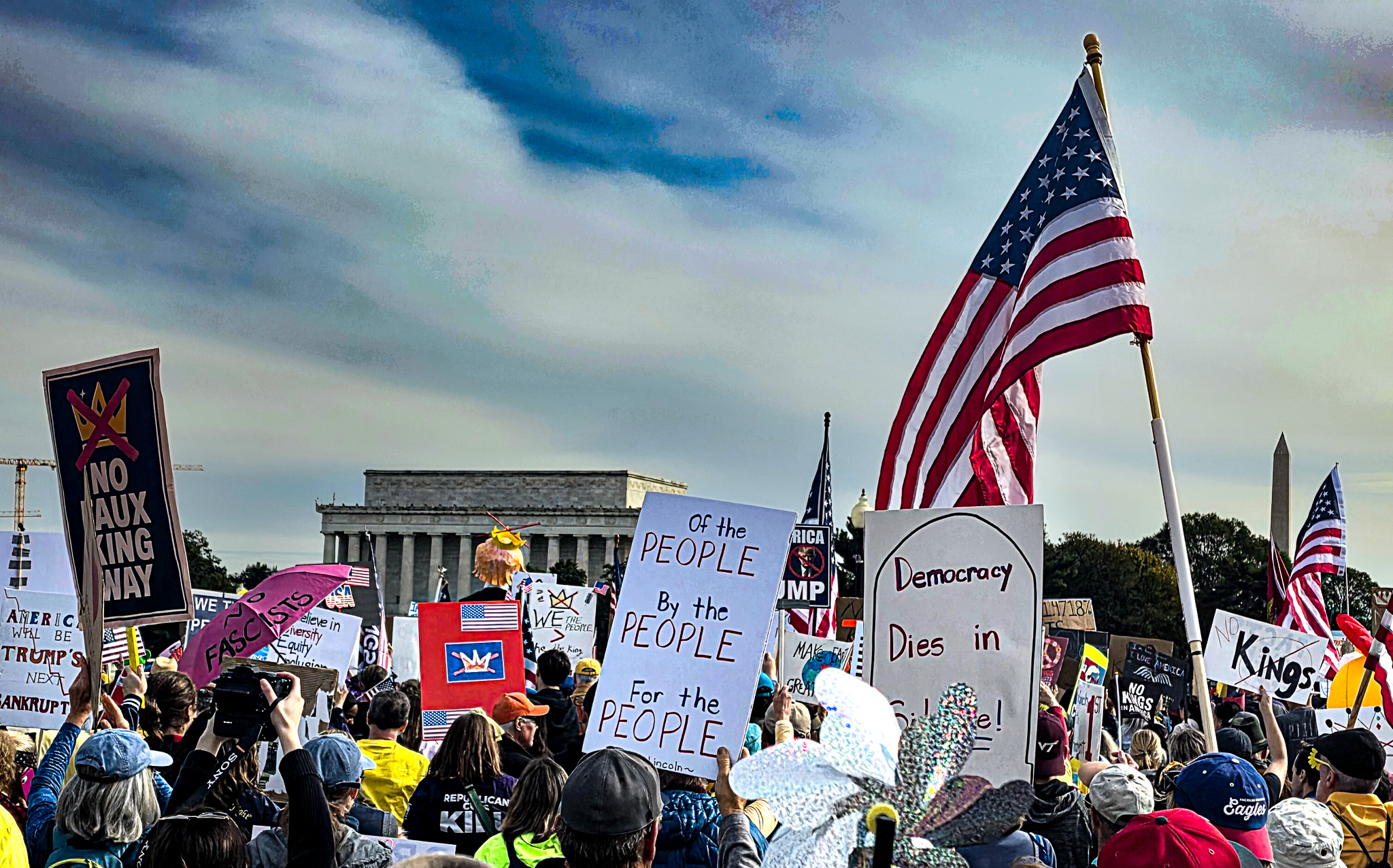 No Kings protest march acros the Memorial Bridge from Virginia to DC